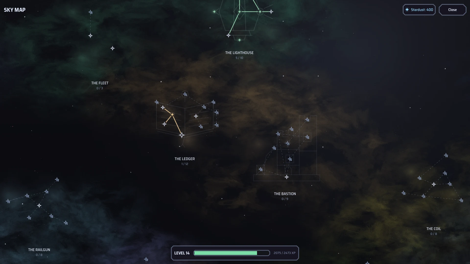 The constellation sky between runs — named constellations hang in nebula fields, waiting for stardust